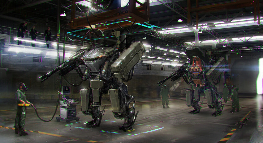 2boys arm_cannon cable commentary concept_art engineer english_commentary hangar josephkim jumpsuit light machinery mecha military missile_pod multiple_boys original realistic robot science_fiction sign academic_test walker_(robot) warning_sign weapon