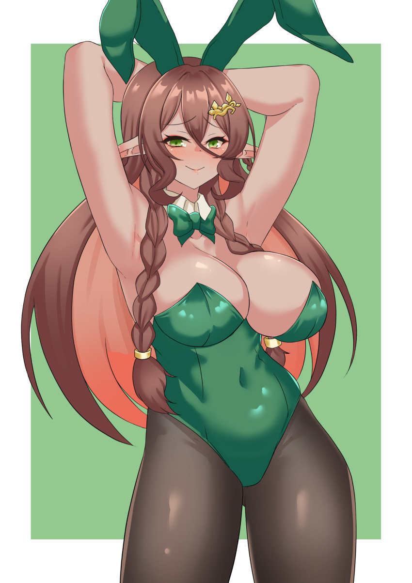 1girl animal_ears armpits black_pantyhose blush bow bowtie breasts brown_hair closed_mouth collar colored_inner_hair commentary covered_navel dark-skinned_female dark_skin detached_collar english_commentary faelie_fallwood fake_animal_ears green_background green_bow green_bowtie green_eyes green_leotard hair_between_eyes hair_ornament hands_on_own_head highres large_breasts leotard long_hair mole mole_under_mouth multicolored_hair nexas_(vtuber) orange_hair pantyhose playboy_bunny pointy_ears puffywaffles smile solo very_long_hair virtual_youtuber white_collar