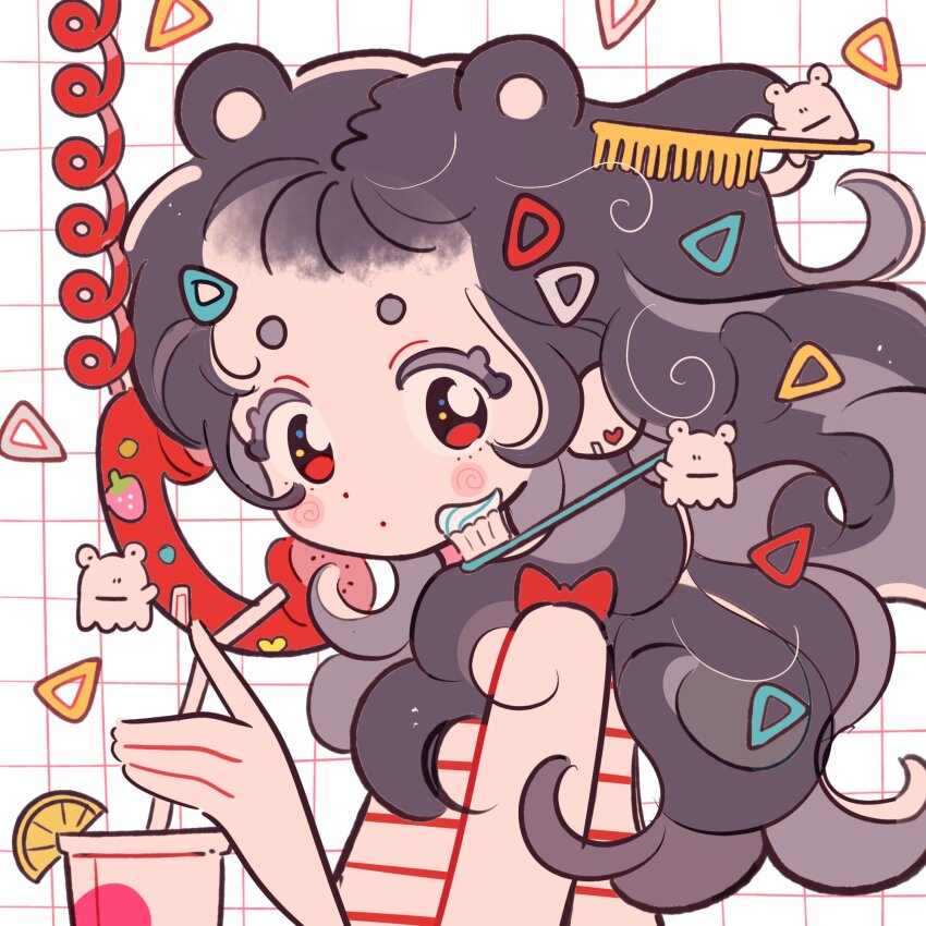 1girl animal_ears bear_ears blush_stickers bow brown_hair closed_mouth comb corded_phone creature cup curly_hair disposable_cup dolman_(dm) dot_mouth dot_nose drinking_straw earrings food forehead from_side fruit grid_background hair_ornament hand_up heart heart_earrings highres hikimayu jewelry lemon lemon_slice long_hair looking_at_viewer original phone portrait red_bow red_eyes red_shirt shirt short_bangs sleeveless sleeveless_shirt solo sticker striped_clothes striped_shirt toothbrush toothpaste triangle_hair_ornament turning_head