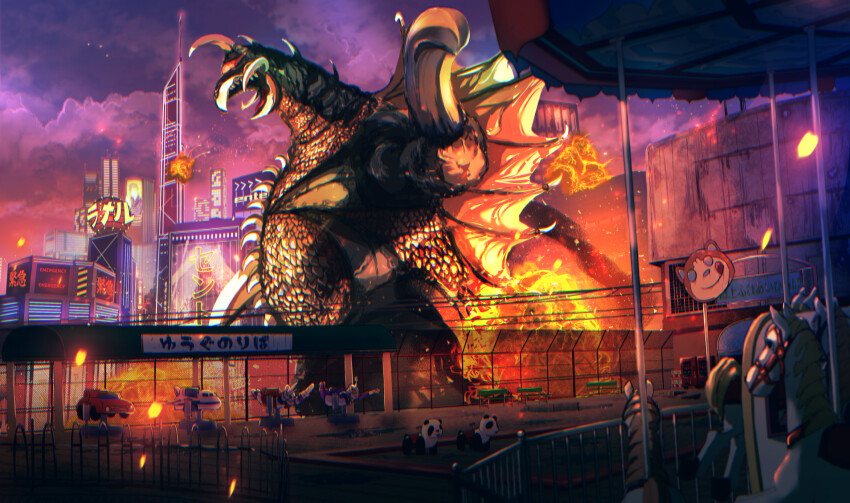 alien amusement_park anniversary bones_(company) building carousel city cloud company_connection crossover cyborg dusk embers epic explosion fins fire gigan glowing glowing_eyes godzilla_(series) godzilla_singular_point godzilla_vs._gigan godzilla_vs._megalon_(1973) highres jet_jaguar kaiju lightning_rod mandibles mecha neon_lights night one-eyed orange_(company) pelops_ii playground purple_sky red_eyes robot sakimori_hikaru seijin single_eye sky skyscraper smoke superhero_costume tail toho wings yamabuki_ryuu zone_fighter zone_fighter_(series)