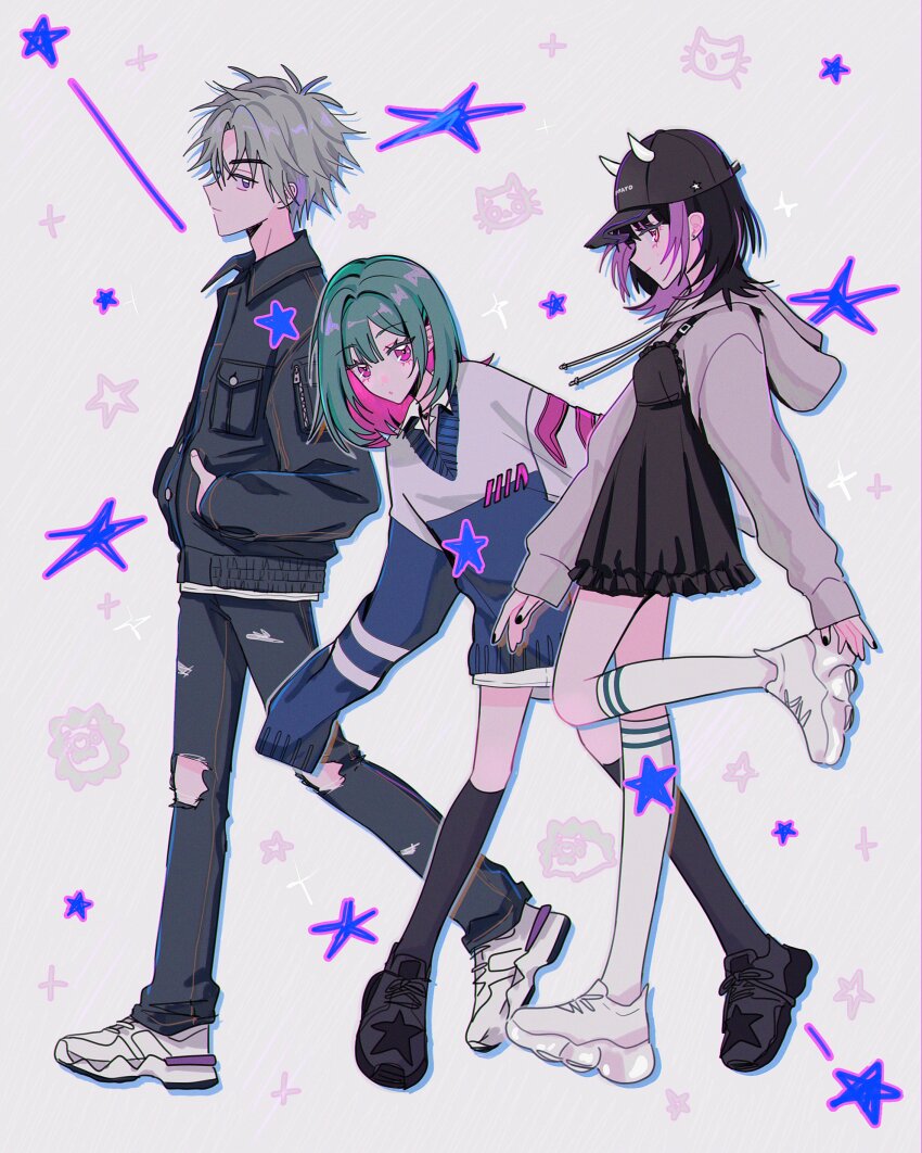 1boy 2girls absurdres alternate_costume alternate_footwear baseball_cap black_dress black_hair black_hat black_jacket black_nails black_shoes black_socks breast_pocket collared_jacket collared_shirt colored_inner_hair cream_(zutomayo) demon_horns denim denim_jacket dress fingernails from_side frown gray-kun_(cream)_(zutomayo) gray-kun_(zutomayo) green_hair grey_hair grey_hoodie hands_in_pockets hat highres hood hood_down hoodie horns jacket kneehighs looking_at_viewer medium_hair multicolored_hair multiple_girls myon_(tokipi) nail_polish nira-chan nira-chan_(cream)_(zutomayo) nira-chan_(zanki)_(zutomayo) pants pink_eyes pink_hair pocket purple_eyes purple_hair shirt shoes skirt sleeves_past_fingers sleeves_past_wrists socks streaked_hair sweater torn_clothes torn_pants two-tone_hair very_long_sleeves white_horns white_shirt white_shoes white_skirt white_socks white_sweater zanki_(zutomayo) zutto_mayonaka_de_ii_no_ni