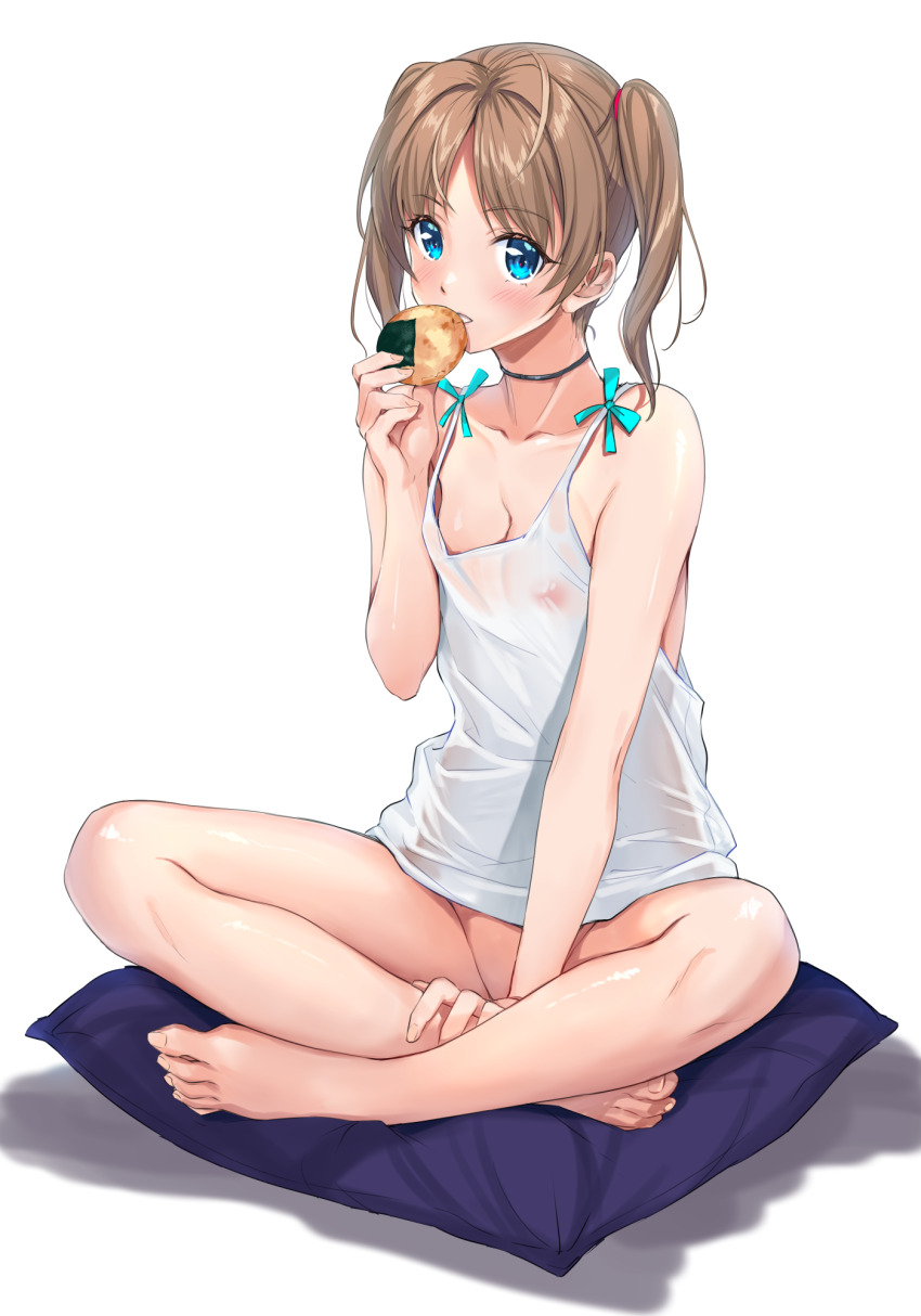 1girl arm_between_legs black_choker blue_eyes blush bottomless breasts camisole choker cleavage collarbone covered_erect_nipples eating fingernails follen_(639594) food full_body highres indian_style looking_at_viewer medium_hair naked_shirt nipples on_pillow original see-through_clothes see-through_shirt senbei shirt simple_background sitting sitting_on_pillow small_breasts toenails twintails white_background white_camisole