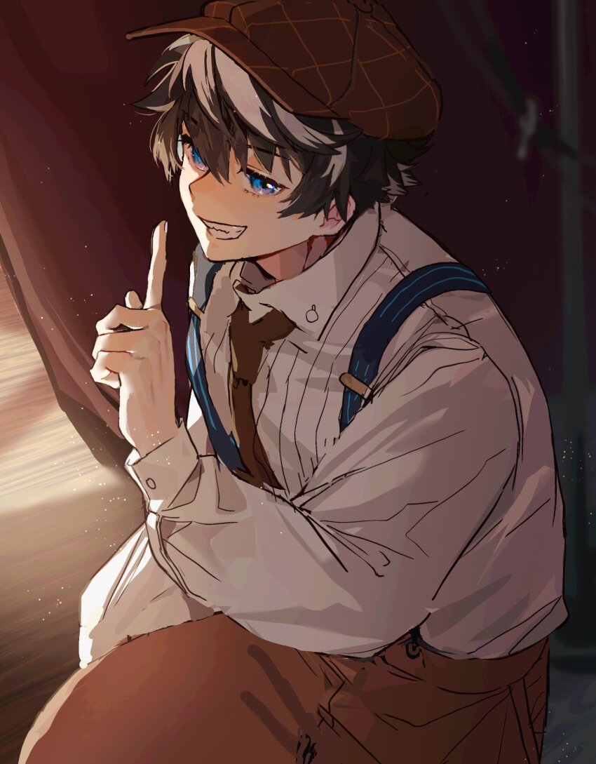1boy alternate_muscle_size bara blue_eyes brown_necktie brown_pants charlemagne_(disguise_costume)_(fate) charlemagne_(fate) collared_shirt fate/grand_order fate_(series) grin highres light_particles long_sleeves looking_at_viewer male_focus necktie pants shiratori_yokikana shirt short_hair smile solo suspenders white_shirt