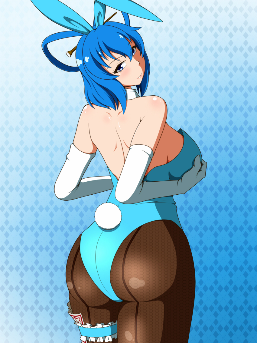 1girl animal_ears ass back backless_outfit bare_shoulders blue_eyes blue_hair blush breasts come_hither elbow_gloves fake_animal_ears female_focus fishnet_pantyhose fishnets from_behind gloves grabbing_another&#039;s_breast gradient_background groping hair_ornament hair_rings hair_stick highres kaku_seiga lactone large_breasts leotard looking_at_viewer looking_back matching_hair/eyes naughty_face pantyhose playboy_bunny rabbit_ears rabbit_tail shiny_clothes shiny_skin short_hair sideboob smile solo tail thigh_strap touhou