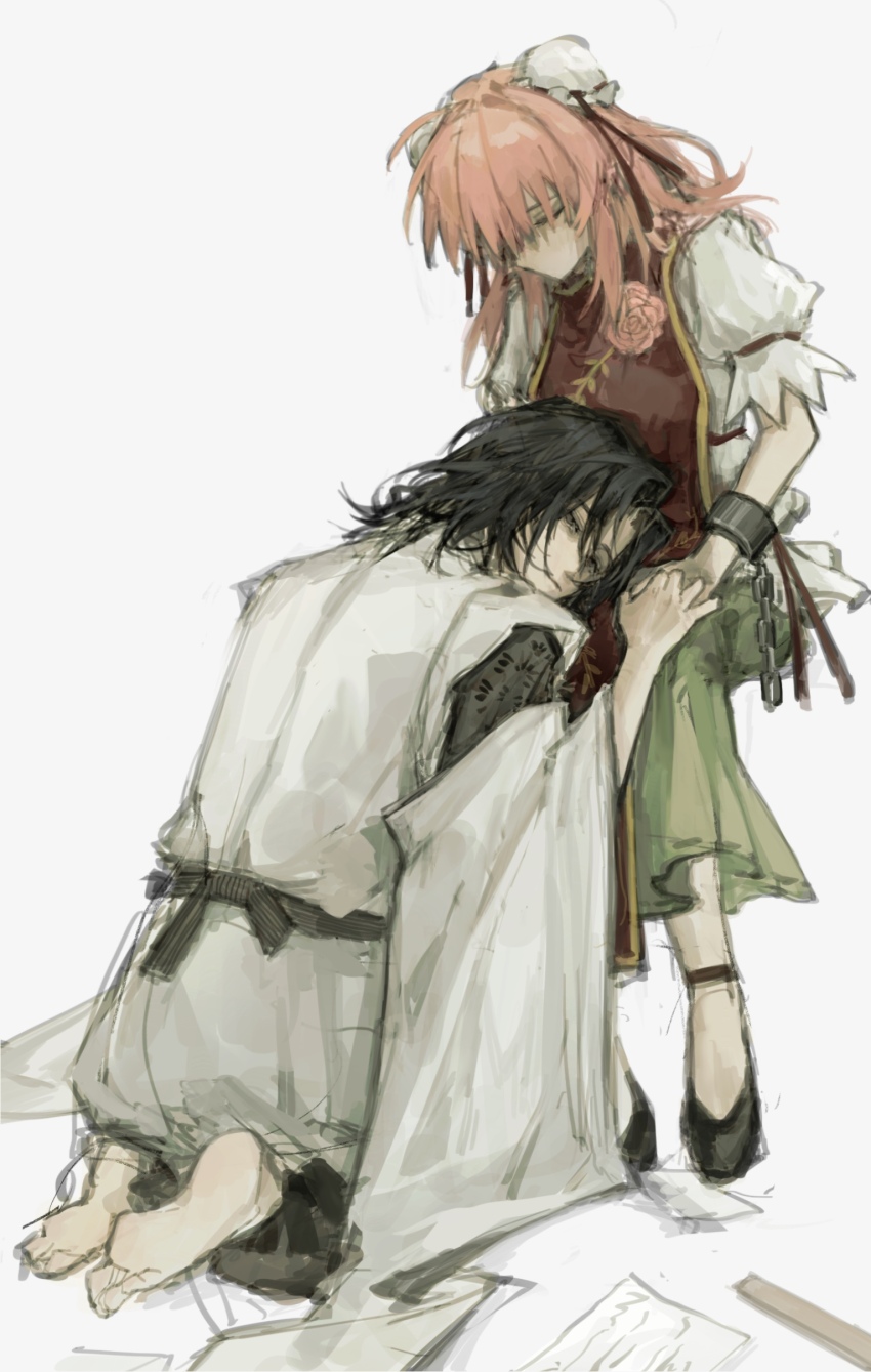 1203527227 1girl 1other absurdres androgynous barefoot black_footwear black_hair bun_cover chain chinese_commentary closed_eyes closed_mouth commentary_request cuffs expressionless flower full_body green_skirt grey_background highres holding_hands ibaraki_kasen invisible_chair japanese_clothes long_sleeves medium_hair miyako_yoshika miyako_yoshika_(living) no_mouth paper partial_commentary pink_flower pink_hair puffy_short_sleeves puffy_sleeves red_ribbon red_tabard ribbon ribbon-trimmed_skirt ribbon_trim sash seiza shackles short_sleeves simple_background sitting skirt soles striped_sash tabard touhou wide_sleeves