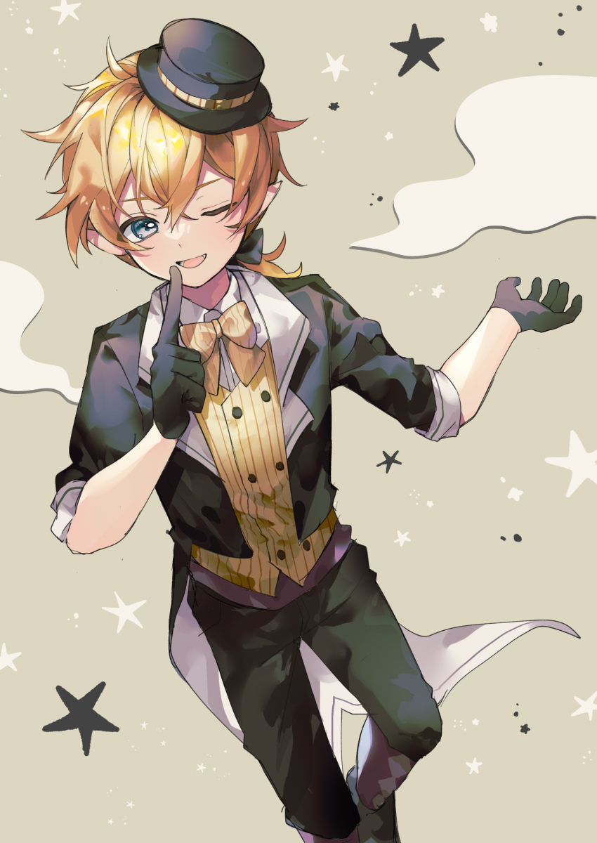 1boy absurdres black_gloves black_jacket black_pants blazer blonde_hair blue_eyes bow bowtie dress_shirt finger_to_mouth gloves hair_between_eyes hat highres jacket kagamine_len male_focus one_eye_closed open_mouth pants pointy_ears ponytail project_diva_(series) sazanami_(ripple1996) shirt short_hair sleeves_rolled_up smile solo star_(symbol) striped_bow striped_bowtie striped_clothes striped_vest kagamine_len_(tricker) vest vocaloid yellow_bow yellow_bowtie yellow_vest yumekui_shirokuro_baku_(vocaloid)
