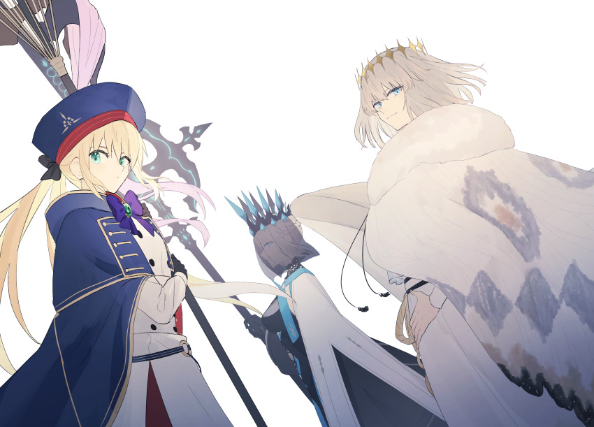 1boy 2girls absurdres artoria_caster_(fate) artoria_caster_(second_ascension)_(fate) artoria_pendragon_(fate) black_dress black_gloves blonde_hair blue_eyes crown dress fate/grand_order fate_(series) gloves green_eyes hair_between_eyes hat highres holding holding_polearm holding_staff holding_weapon long_hair long_sleeves looking_at_viewer morgan_le_fay_(fate) morgan_le_fay_(queen_of_winter)_(fate) multiple_girls ninjin_(ne_f_g_o) oberon_(fate) oberon_(second_ascension)_(fate) polearm short_hair simple_background smile spear staff staff_of_selection_(fate) veil weapon white_hair