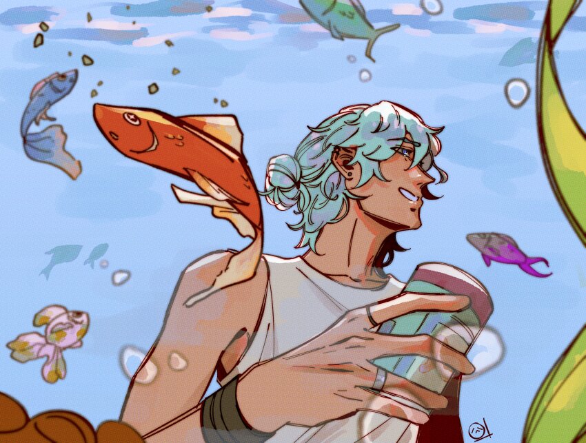 1boy absurdres air_bubble aquarium blue_eyes bracelet bubble coral cove_holden fish fish_food green_hair grin hair_between_eyes hair_bun highres holding jewelry kelp light_reflection_(water) male_focus multiple_rings our_life:_beginnings_and_always ring sadlad03 shirt sleeveless sleeveless_shirt smile solo tank_top underwater_shot upper_body white_tank_top