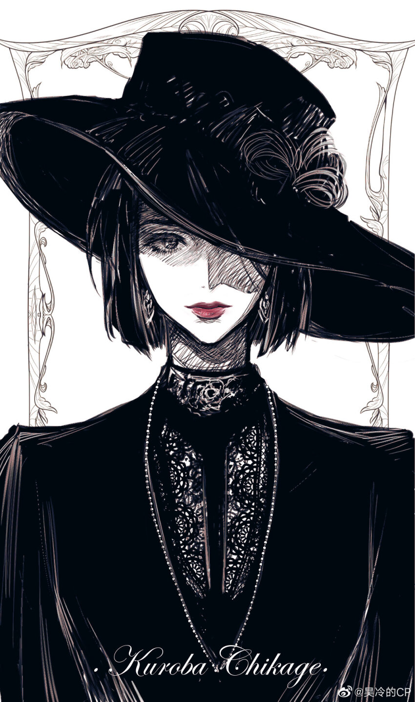 1girl black_hair black_hat bob_cut bow character_name chinese_commentary closed_mouth earrings haoriday hat hat_bow hat_over_one_eye highres jewelry kuroba_chikage lips lipstick looking_at_viewer makeup meitantei_conan monochrome necklace necktie one_eye_covered red_lips shaded_face shirt short_hair simple_background solo spot_color upper_body watermark weibo_watermark white_background