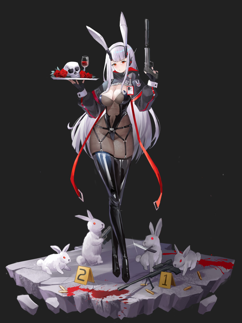 1girl absurdres ammunition animal_ears black_boots black_gloves black_leotard boots breasts cleavage covered_navel dreiworks fake_animal_ears fingerless_gloves gloves gun handgun highres holding holding_gun holding_knife holding_plate holding_weapon knife large_breasts latex latex_boots leotard long_hair looking_at_viewer mouth_hold original plate rabbit rabbit_ears red_eyes rifle solo suppressor thigh_boots very_long_hair weapon white_hair