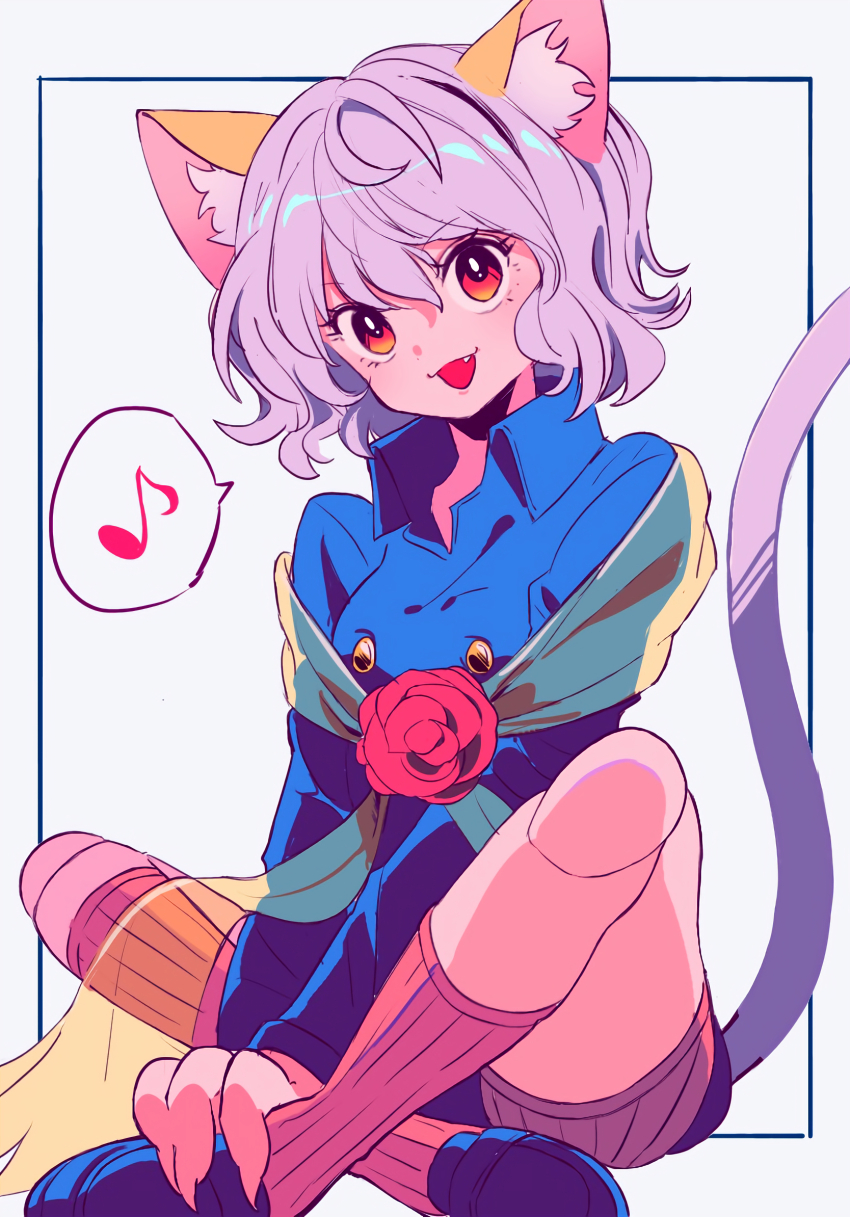 1other androgynous animal_ears cat_ears cat_tail chimera_ant curly_hair fingernails flower full_body highres hunter_x_hunter indian_style joints long_sleeves looking_at_viewer musical_note neferpitou other_focus red_eyes red_flower red_rose rose sanamaru_(sana79261827) sash sharp_fingernails short_hair simple_background sitting smile solo speech_bubble tail white_hair