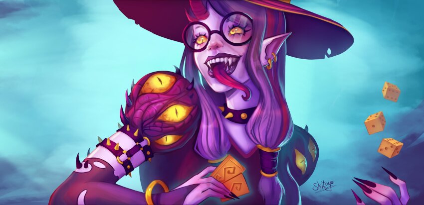 blue_background bracelet card choker collar colored_skin daemonette demon demon_ears demon_girl demon_horns demonic_creature dice dress earrings elbow_gloves fingernails glasses gloves hat highres holding holding_dice horns jewelry long_fingernails long_hair long_tongue open_mouth pointy_ears purple_dress purple_hair purple_skin sidelocks skitoya spiked_collar spikes tongue warhammer_40k witch_hat yellow_eyes