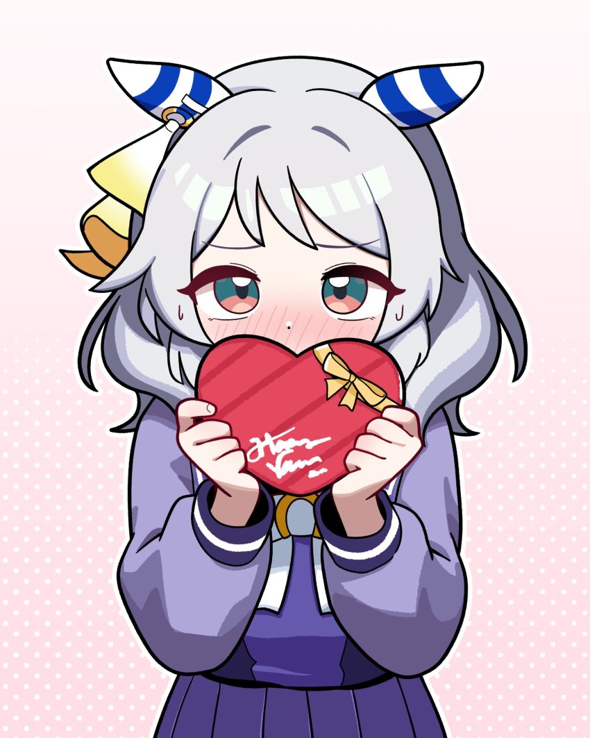 1girl animal_ears blush box covered_mouth dot_nose ear_covers furrowed_brow grey_hair happy_valentine heart-shaped_box highres hishi_miracle_(umamusume) holding holding_box horse_ears jorang_(jorang08) long_sleeves looking_at_viewer medium_hair nervous_sweating nose purple_shirt purple_skirt red_eyes school_uniform shirt shy skirt solo sweat tracen_school_uniform umamusume upper_body valentine