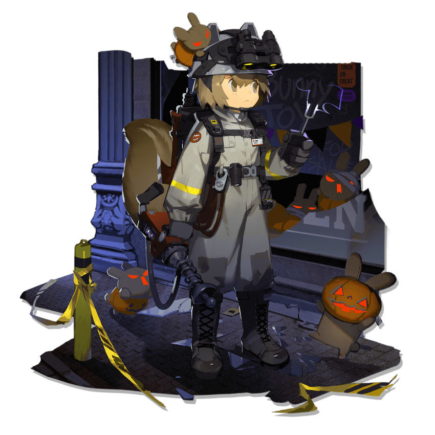 1girl a_gui animal_ears animal_ears_helmet animal_helmet arknights boots brown_eyes brown_hair eyewear_on_head firefighter_jacket frown full_body gloves grey_boots grey_gloves helmet highres id_card jack-o&#039;-lantern jacket lace-up_boots long_sleeves medium_hair night_vision_device official_alternate_costume official_art pants pants_tucked_in pumpkin_hat shaw_(arknights) shaw_(cleansweeper_in_the_castle)_(arknights) sky solo squirrel squirrel_ears squirrel_tail tail transparent_background vest