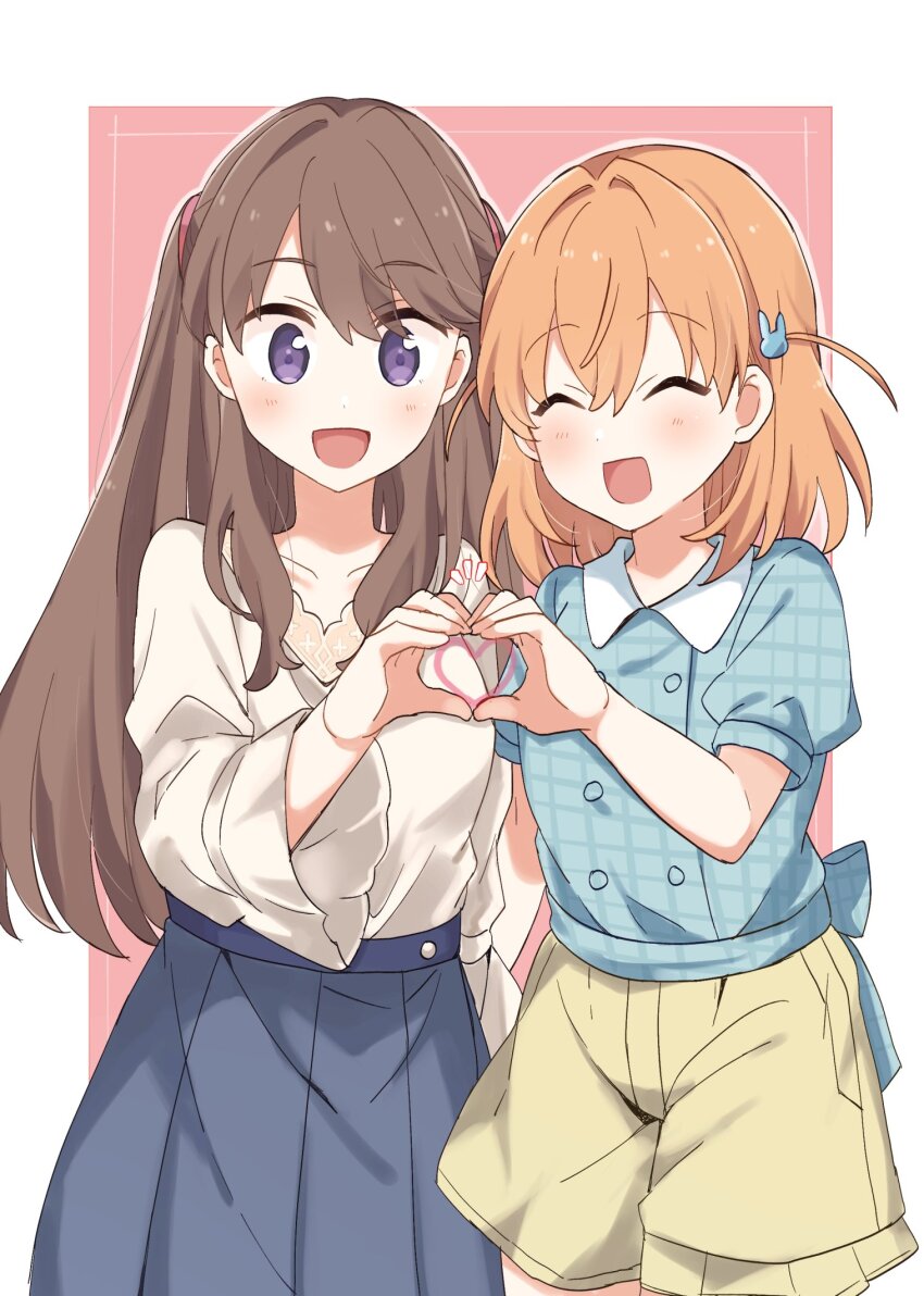 2girls :d asymmetrical_shorts blue_shirt blue_skirt bluesky021 blush border brown_hair brown_shorts buttons casual collarbone collared_shirt commentary_request cowboy_shot crossed_bangs double-breasted fujishima_megumi fujishima_megumi_(summer_casual) hair_ornament heart heart_hands heart_hands_duo heart_in_heart_hands highres hinoshita_kaho hinoshita_kaho_(summer_casual) link!_like!_love_live! long_hair long_sleeves love_live! medium_hair multiple_girls official_alternate_costume open_mouth orange_hair pink_background pleated_shorts pleated_skirt puffy_short_sleeves puffy_sleeves purple_eyes rabbit_hair_ornament shirt short_sleeves shorts skirt smile two_side_up virtual_youtuber white_border white_shirt