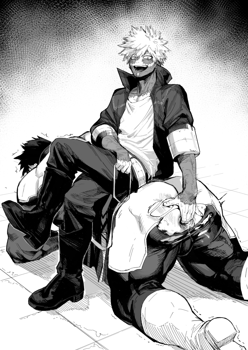 2boys anal_fingering anus ass bara bodysuit boku_no_hero_academia boots crossed_legs dabi_(boku_no_hero_academia) endeavor_(boku_no_hero_academia) father_and_son fingering greyscale highres incest jacket kneeling male_ass male_focus migi_(mm86262394) monochrome multiple_boys multiple_scars muscular muscular_arms muscular_back muscular_legs muscular_male muscular_uke open_clothes open_jacket open_mouth pants prostate_milking scar scar_on_hand scar_on_neck short_hair smile spiked_hair staple stapled thick_thighs thighs toned toned_male torn_clothes yaoi