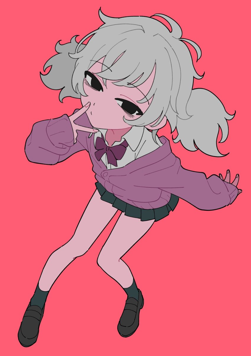 1girl black_skirt bow brown_eyes cardigan closed_mouth collared_shirt full_body grey_hair highres loafers long_sleeves looking_at_viewer original pink_background pleated_skirt red_background shirt shoes simple_background skirt sleeves_past_wrists socks solo start_furuike white_shirt
