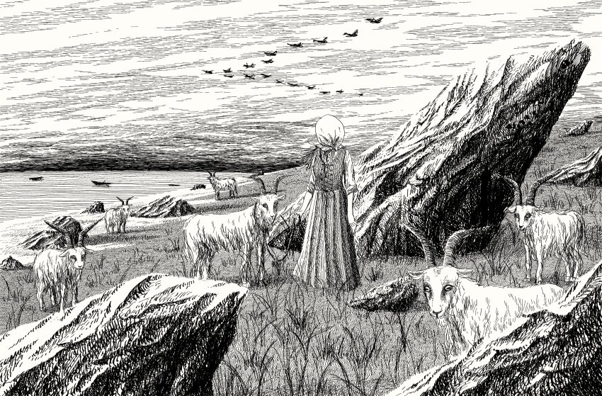 1girl absurdres animal bag_on_head cloud cloudy_sky cross-laced_clothes cross-laced_top crosshatching flock goat grass greyscale hatching_(texture) highres lake leash long_skirt monochrome nib_pen_(medium) original pen_(medium) rock ryaw scenery shore skirt sky solo standing traditional_media v_formation