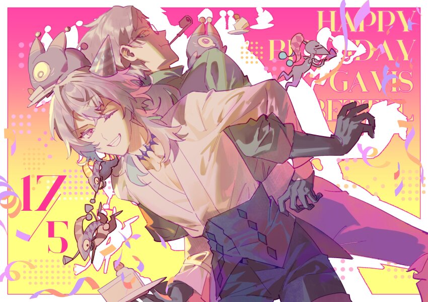 back-to-back bettel_2_(gavis_bettel) bettelion_(gavis_bettel) black_gloves blue_hair brothers cake cake_slice creature diamond_choker food gavis_bettel glasses gloves grey_hair happy_birthday hat highres holostars holostars_english locked_arms lynnear multicolored_hair one_eye_closed party_hat party_horn phantom_(gavis_bettel) pink_eyes shirt short_hair siblings twins virtual_youtuber white_shirt