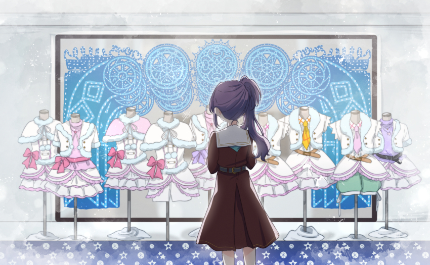 1girl aqua_neckerchief brown_dress capelet commentary_request dress from_behind fur-trimmed_capelet fur-trimmed_jacket fur_trim hasu_no_sora_school_uniform highres jacket kyaku_tasu link!_like!_love_live! lone_nape_hair long_hair long_sleeves love_live! love_live!_school_idol_project mannequin medium_dress neckerchief necktie otomune_kozue pleated_dress purple_hair sailor_collar sailor_dress school_uniform shorts side_ponytail sidelocks skirt snow_halation solo unworn_capelet unworn_jacket unworn_necktie unworn_shirt unworn_shorts unworn_skirt virtual_youtuber white_sailor_collar winter_uniform