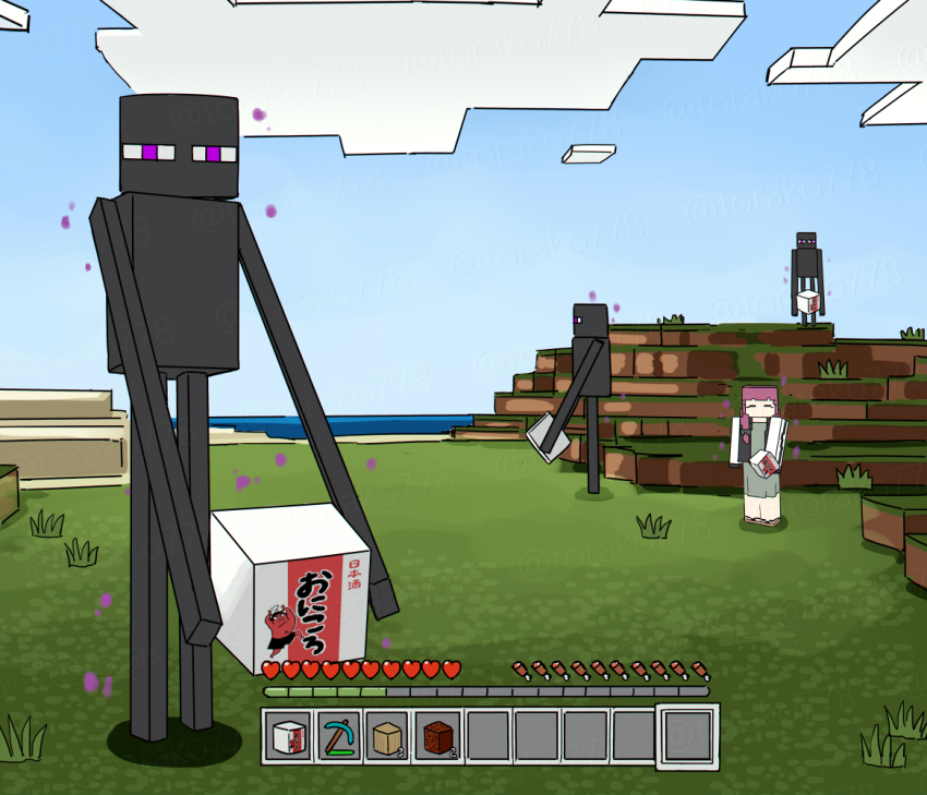 1girl alcohol alcohol_carton bocchi_the_rock! crossover enderman fake_screenshot hiroi_kikuri holding looking_at_viewer minecraft outdoors parody sake style_parody torako_(toramaru) watermark
