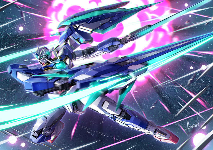 00_qan[t] 00_qan[t]_full_saber amasaki_yusuke dual_wielding explosion gundam gundam_00 gundam_00_a_wakening_of_the_trailblazer holding holding_sword holding_weapon huge_weapon no_humans signature space sword weapon