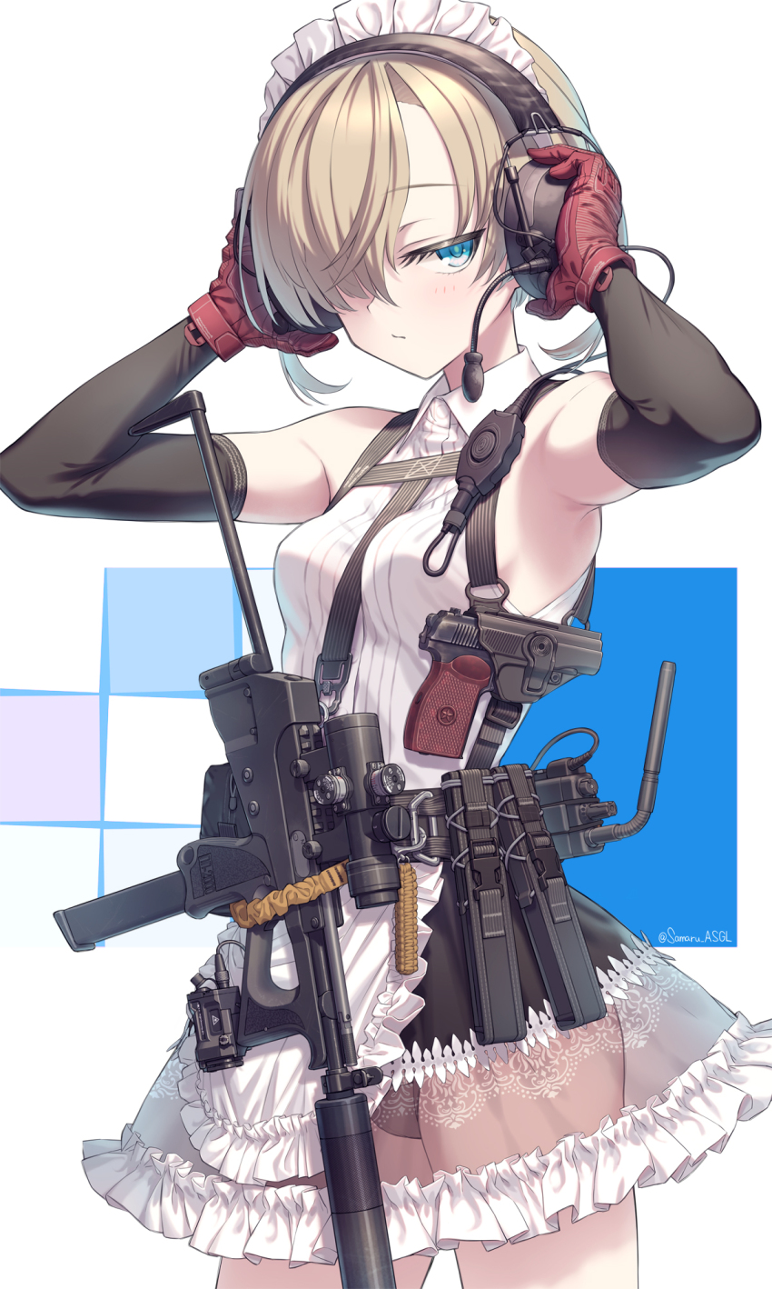 1girl apron armpits black_panties blonde_hair blue_eyes breasts closed_mouth cowboy_shot detached_sleeves dress ear_protection flashlight gloves gun hair_over_one_eye handgun hands_up highres holding holster holstered magazine_(weapon) maid maid_apron maid_headdress makarov_pm medium_breasts medium_hair microphone optical_sight original panties personal_defense_weapon pouch pp-2000 radio red_gloves samaru_(seiga) see-through_clothes shoulder_holster sleeveless sleeveless_dress solo submachine_gun suppressor twitter_username underwear weapon white_dress