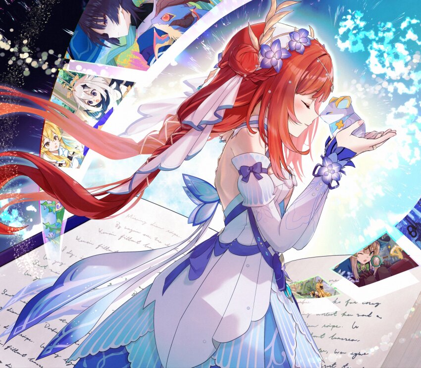 1girl animal backless_dress backless_outfit bare_back blue_dress blue_sleeves blush book breasts circlet closed_eyes commentary_request detached_sleeves dress fingernails flower from_side genshin_impact gradient_sleeves hair_bun hair_flower hair_ornament hands_up headdress highres holding holding_animal kirara_(genshin_impact) kirara_(phantom_in_boots)_(genshin_impact) light_smile long_hair lumine_(genshin_impact) making-of_available medium_breasts mini_durin_(dragon)_(genshin_impact) mini_durin_(genshin_impact) nail_polish navia_(genshin_impact) nilou_(breeze_of_sabaa)_(genshin_impact) nilou_(genshin_impact) noses_touching official_alternate_costume open_book paimon_(genshin_impact) pink_nails purple_flower red_hair scaramouche_(genshin_impact) sleeveless sleeveless_dress solo_focus sora_(garakuta_waltz) two-tone_dress upper_body very_long_hair wanderer_(genshin_impact) white_dress white_sleeves