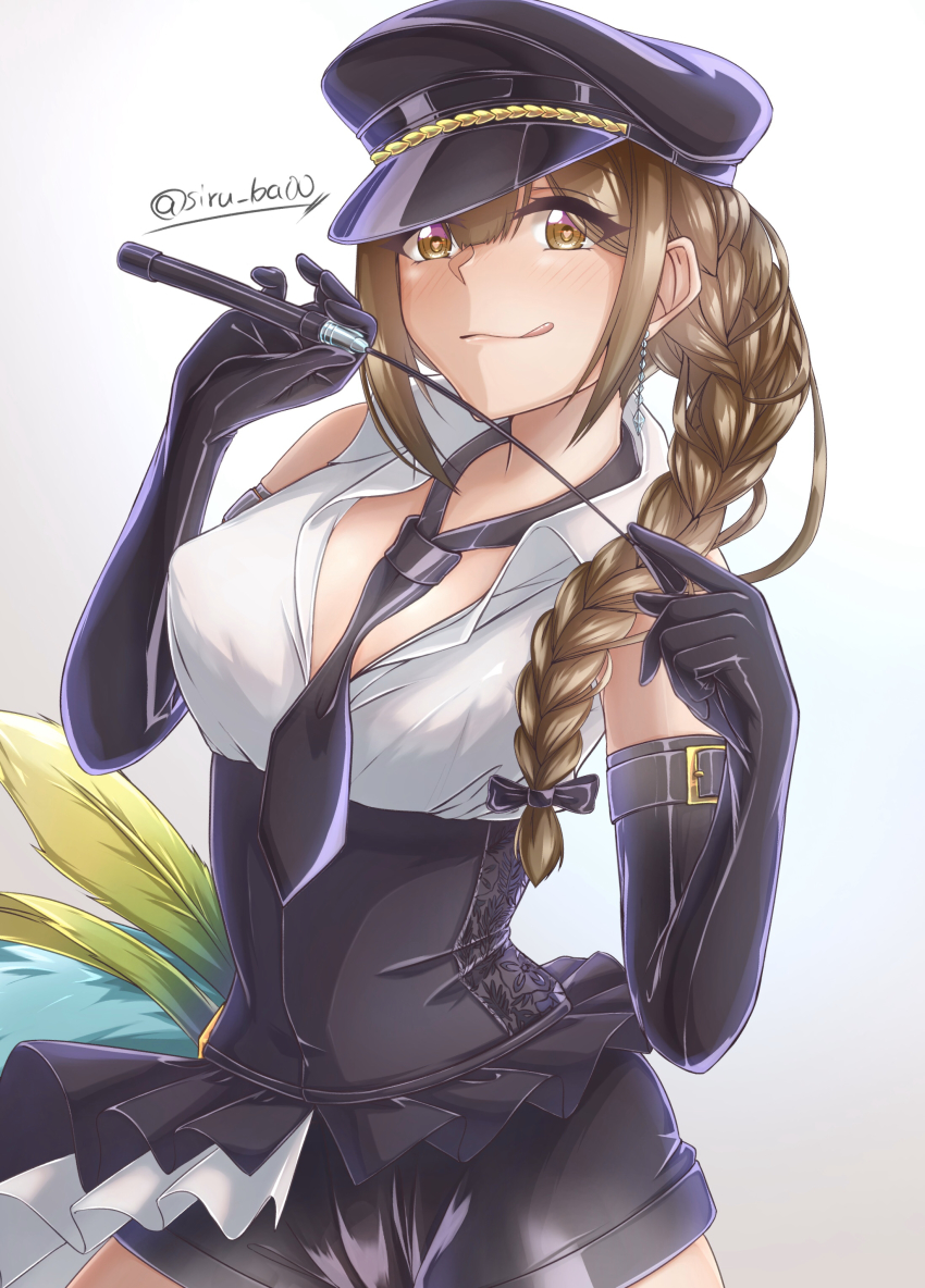 1girl :q absurdres between_breasts black_bow black_gloves black_hat black_necktie bow braid breasts brown_eyes brown_hair cleavage collared_shirt commentary_request earrings elbow_gloves female_focus gloves hair_bow hair_over_shoulder hat heart heart_in_eye highres holding idolmaster idolmaster_shiny_colors jewelry kagin_(kagou_shita_nanika) kuwayama_chiyuki licking_lips long_hair loose_necktie necktie open_clothes open_shirt peaked_cap riding_crop shirt shorts shorts_under_skirt sidelocks simple_background single_braid sleeveless sleeveless_shirt smile solo standing symbol_in_eye tongue tongue_out twitter_username white_shirt