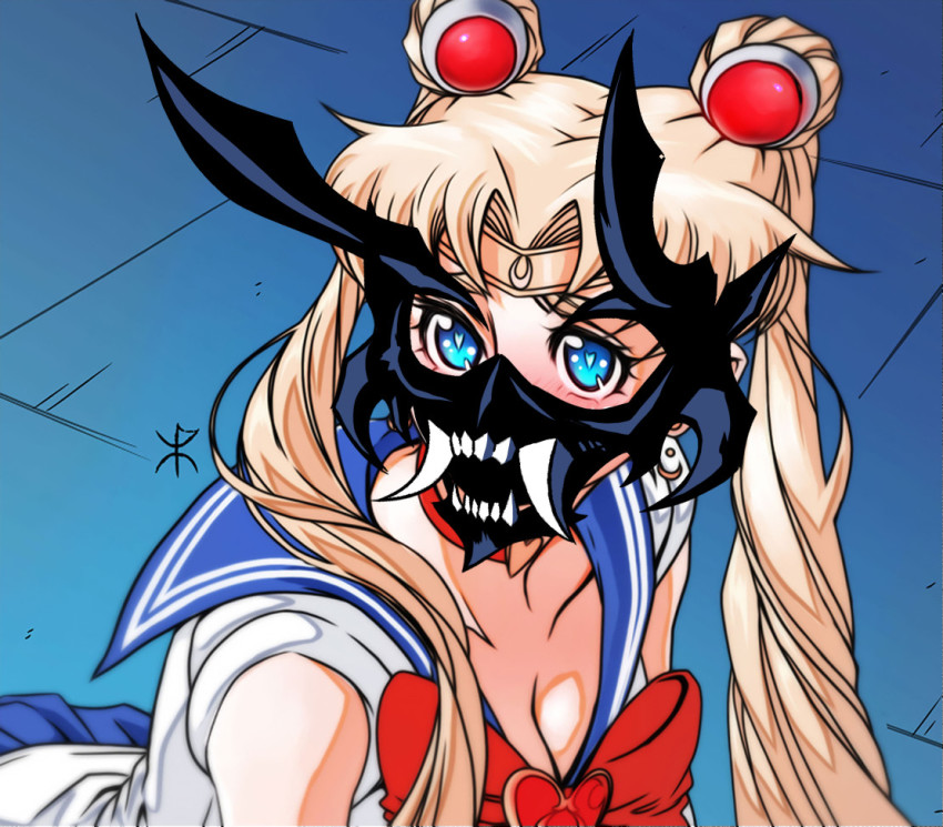 1girl akumetsu apoloniodraws bishoujo_senshi_sailor_moon bishoujo_senshi_sailor_moon_s blonde_hair blue_eyes blue_skirt blush bow breasts brooch choker cleavage derivative_work earrings heart heart-shaped_pupils heart_brooch heart_choker jewelry long_hair mask meme red_bow red_choker sailor_moon sailor_moon_redraw_challenge_(meme) signature skirt solo symbol-shaped_pupils tsukino_usagi twintails