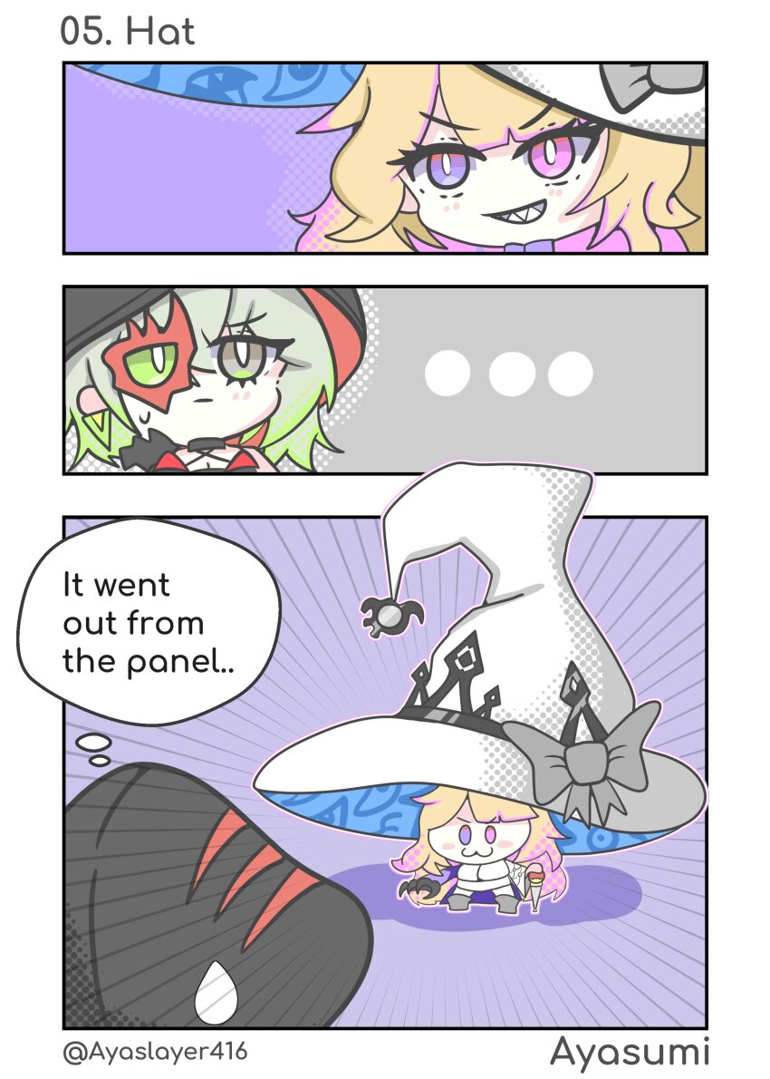 ... 2girls :3 absurdres ayasumi_(ayaslayer416) blonde_hair chibi diabellstar_the_black_witch diabellze_the_original_sinkeeper duel_monster green_eyes green_hair grey_eyes grey_hair hat heterochromia highres hood hood_up multicolored_hair multiple_girls oversized_hat purple_eyes purple_hair sharp_teeth smirk speech_bubble streaked_hair teeth thought_bubble two-tone_hair white_hat yu-gi-oh!
