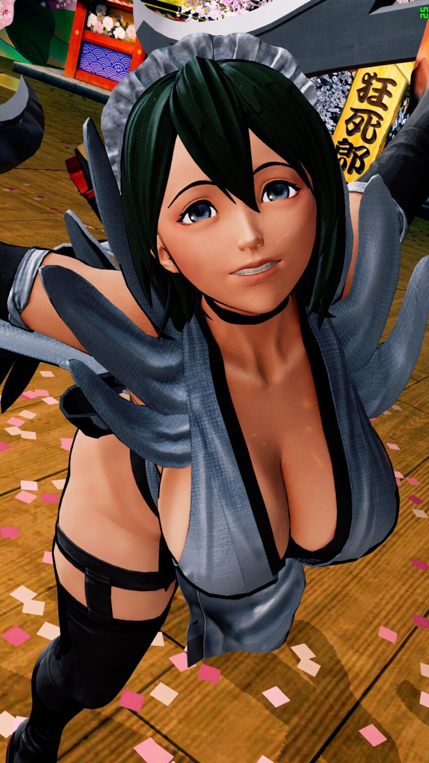 1girl 3d arms_up ass ass_focus black_hair black_leotard breast_focus breasts curvy high_heels highleg highleg_leotard highres indoors iroha_(samurai_spirits) large_breasts legs leotard maid maid_headdress ryona samurai_spirits screencap shiny_skin short_hair sideboob smile standing standing_on_one_leg thick_thighs thighhighs thighs third-party_edit wide_hips