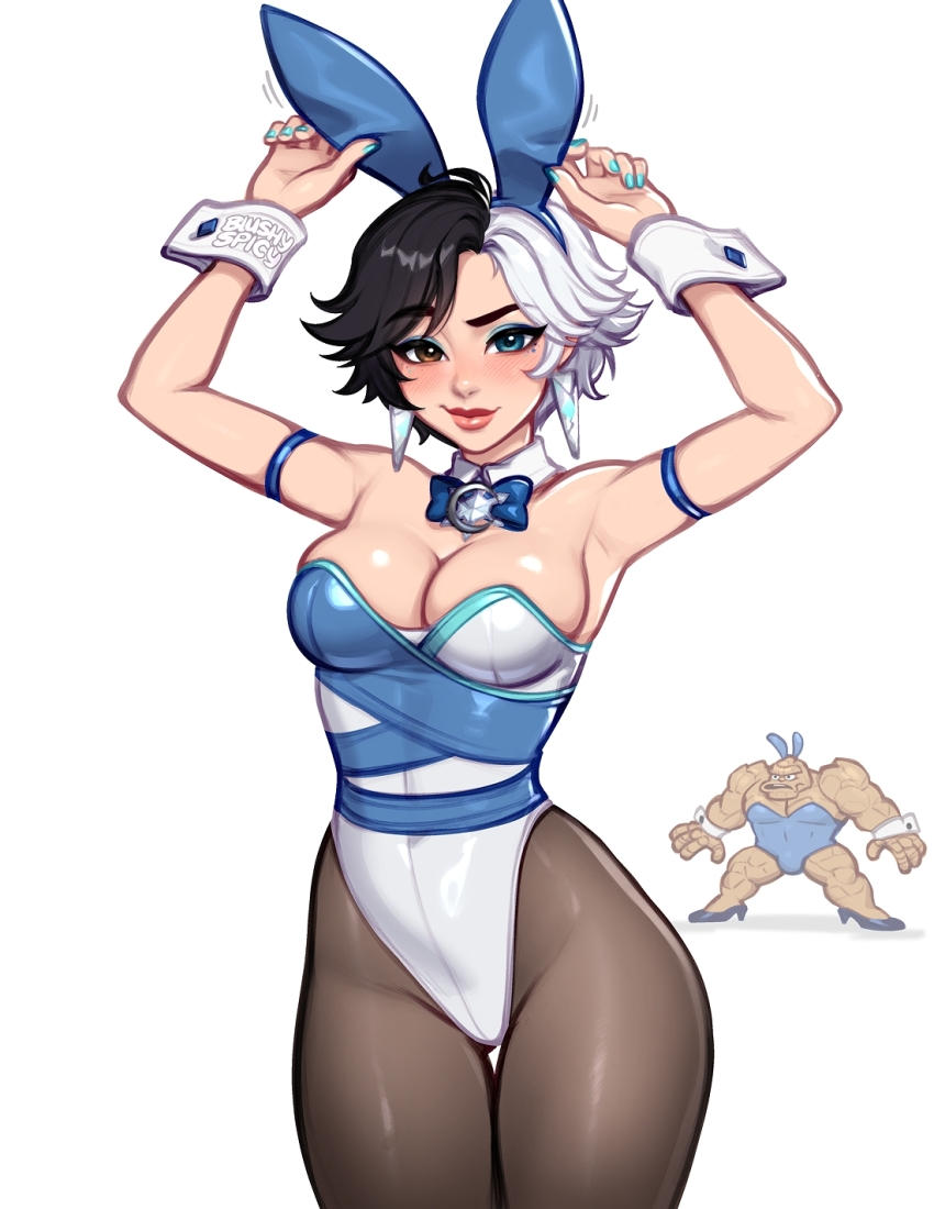1boy 1girl animal_ears ben_grimm black_hair black_pantyhose blue_eyes blushyspicy breasts detached_collar fake_animal_ears fantastic_four heterochromia highres leotard looking_at_viewer luna_snow marvel marvel_rivals multicolored_hair pantyhose playboy_bunny rabbit_ears short_hair smile split-color_hair strapless strapless_leotard two-tone_hair white_hair wrist_cuffs