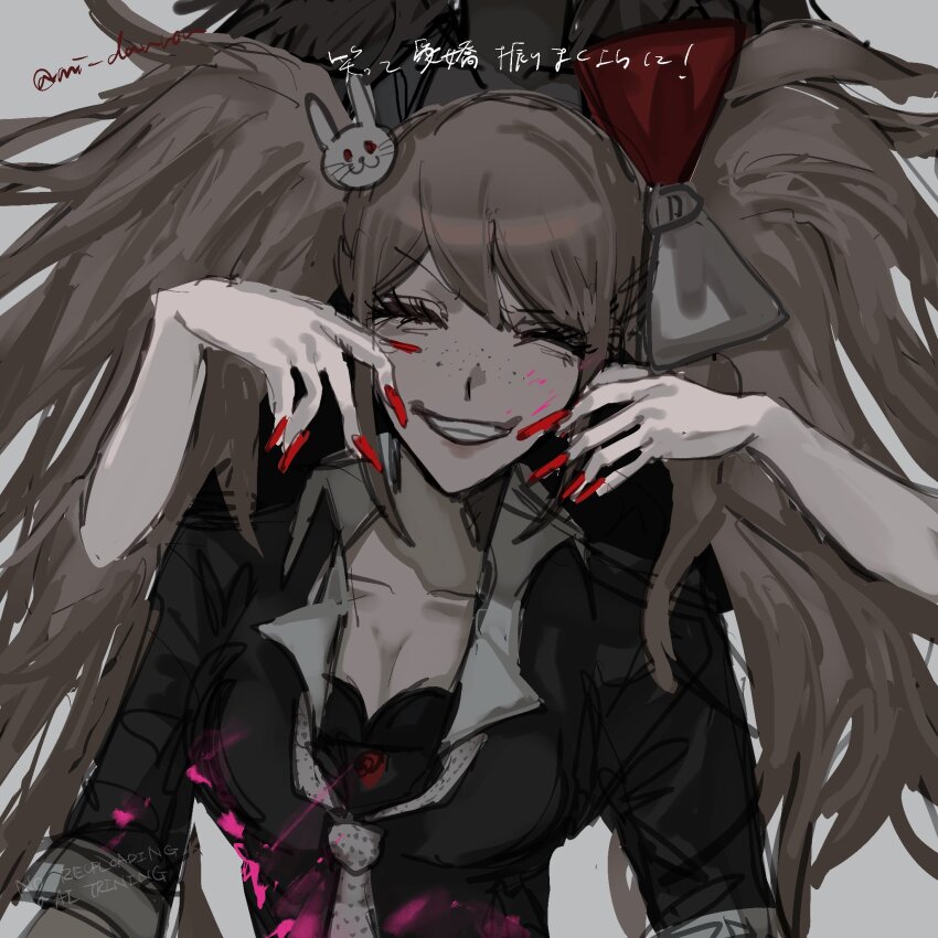 2girls black_hair black_shirt blood bow breasts cleavage collarbone cosplay danganronpa:_trigger_happy_havoc danganronpa_(series) enoshima_junko enoshima_junko_(cosplay) facing_viewer freckles grin hair_bow hair_ornament highres ikusaba_mukuro large_breasts long_hair mi_mi_mi_(mi_danron) multiple_girls nail_polish pink_blood rabbit_hair_ornament red_bow red_nails shirt short_hair siblings sisters smile teeth twintails