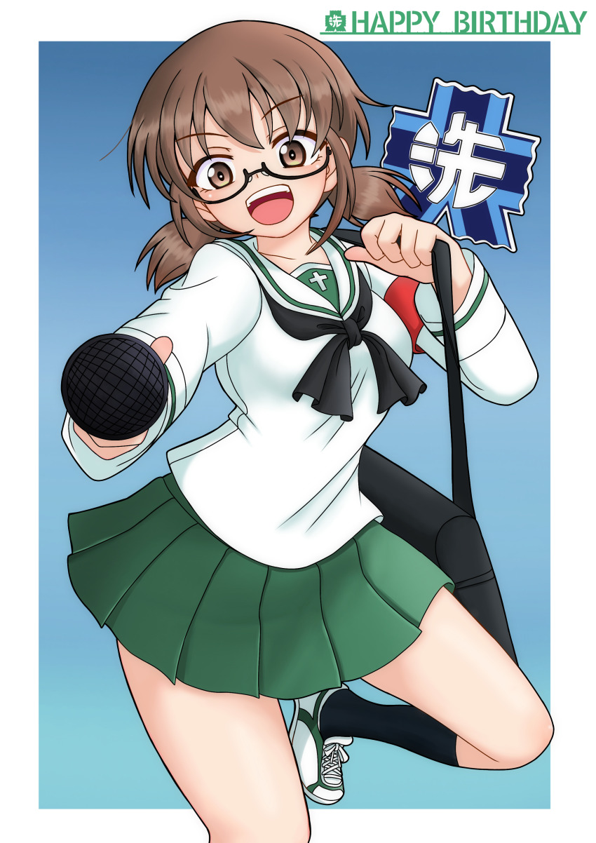 1girl absurdres amanone_yun black_background black_socks brown_eyes brown_hair girls_und_panzer green_skirt happy_birthday highres holding holding_microphone microphone miniskirt ooarai_school_uniform ou_taiga school_uniform serafuku shoes short_hair short_twintails skirt smile sneakers socks twintails white_serafuku white_shoes