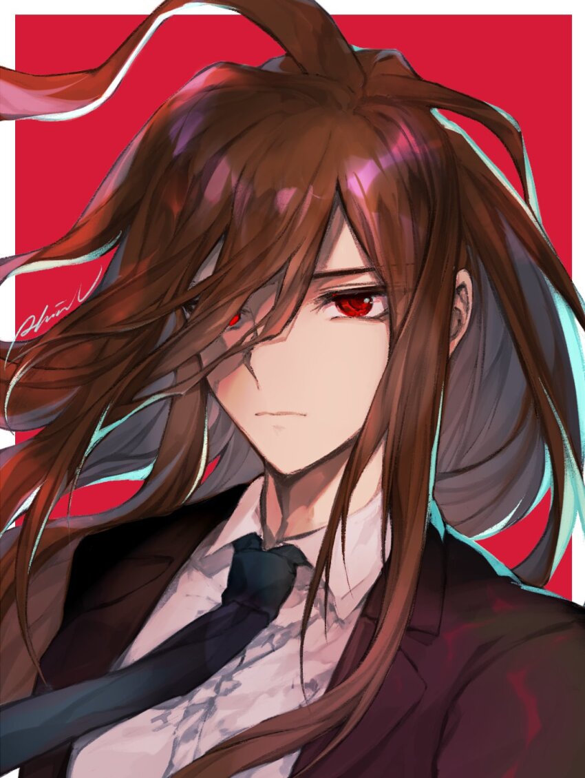 1boy artist_name black_jacket black_necktie brown_hair closed_mouth collared_shirt commentary_request danganronpa_(series) danganronpa_2:_goodbye_despair grey_shirt highres jacket komaeda_nagito long_hair long_sleeves messy_hair necktie outline red_background red_eyes rhinn_ix shirt smile solo white_outline