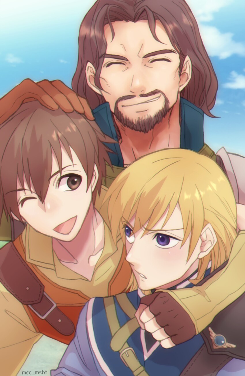 3boys arm_around_shoulder beard blonde_hair brown_eyes brown_hair closed_eyes commentary_request edward_(fire_emblem) facial_hair fire_emblem fire_emblem:_radiant_dawn hand_on_another&#039;s_head highres leonardo_(fire_emblem) male_focus mcc_msbt multiple_boys nintendo nolan_(fire_emblem) one_eye_closed purple_eyes sky smile twitter_username upper_body