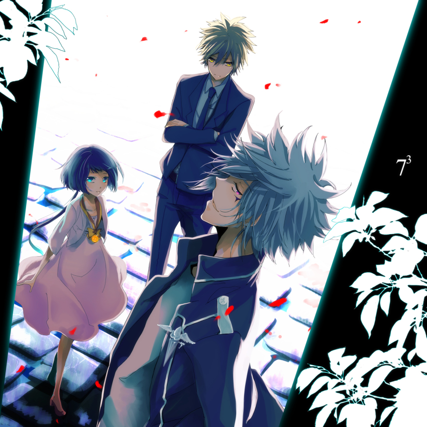 1girl 2boys black_hair blonde_hair blue_eyes byakuran coat crossed_arms dress flower formal_clothes highres jacket katekyo_hitman_reborn! killcake long_hair looking_at_viewer multiple_boys necktie open_clothes open_coat pink_dress ponytail sawada_tsunayoshi short_hair silver_hair spiked_hair suit tattoo uni_(reborn) wind yellow_eyes