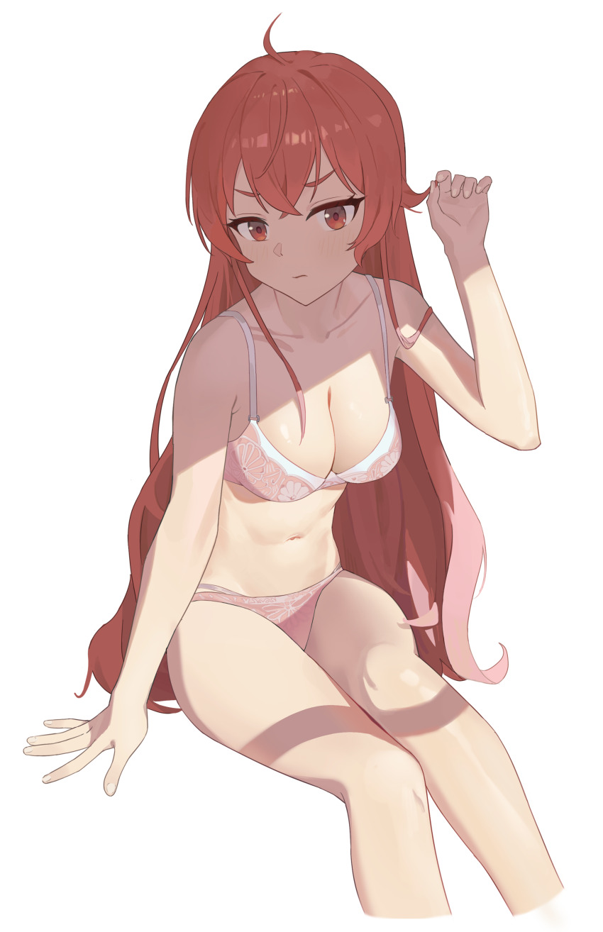 1girl :o absurdres ahoge arm_support bra breasts cleavage closed_mouth collarbone eris_greyrat feet_out_of_frame gejiu hand_up highres invisible_chair long_hair medium_breasts multi-strapped_panties mushoku_tensei navel panties pink_bra pink_panties playing_with_own_hair red_eyes red_hair simple_background sitting solo thighs underwear underwear_only very_long_hair white_background