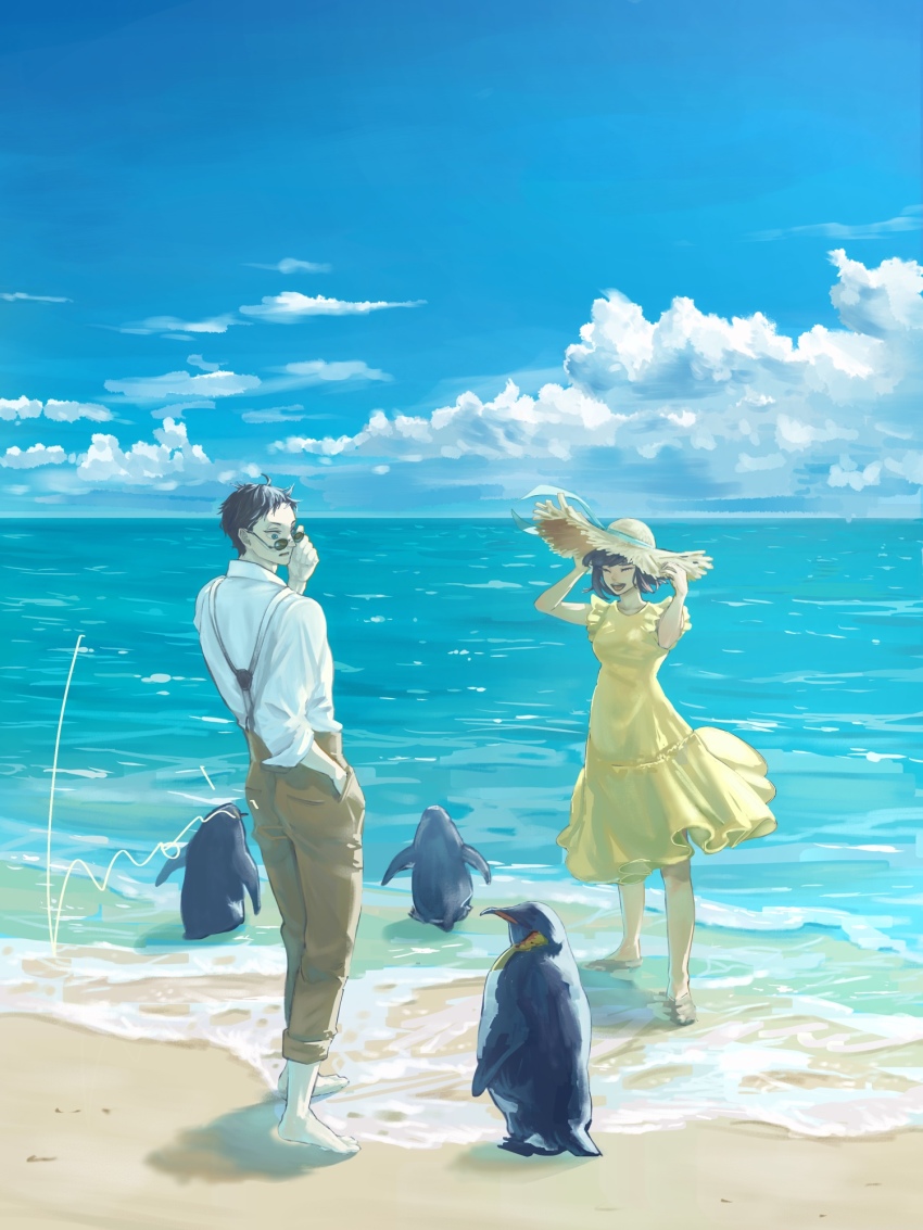 1boy 1girl barefoot beach bird black_hair bob_cut brown_pants closed_eyes cloud dress hat highres looking_at_another mori_hisato ocean original pants penguin round_eyewear sand shirt short_hair sky smile straw_hat sunglasses suspenders wading white_shirt yellow_dress