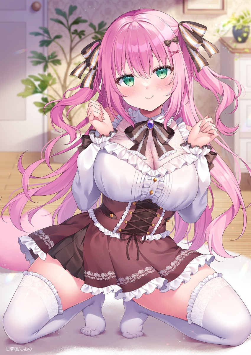 1girl absurdres bare_shoulders black_dress blush breasts cleavage closed_mouth commentary_request detached_sleeves dress fingernails gem green_eyes hair_between_eyes hands_up highres indoors large_breasts light_smile long_hair long_sleeves looking_at_viewer no_shoes original pink_hair plant potted_plant purple_gemstone see-through_cleavage see-through_clothes shiono_(0303) solo squatting thighhighs two-tone_dress very_long_hair white_dress white_sleeves white_thighhighs