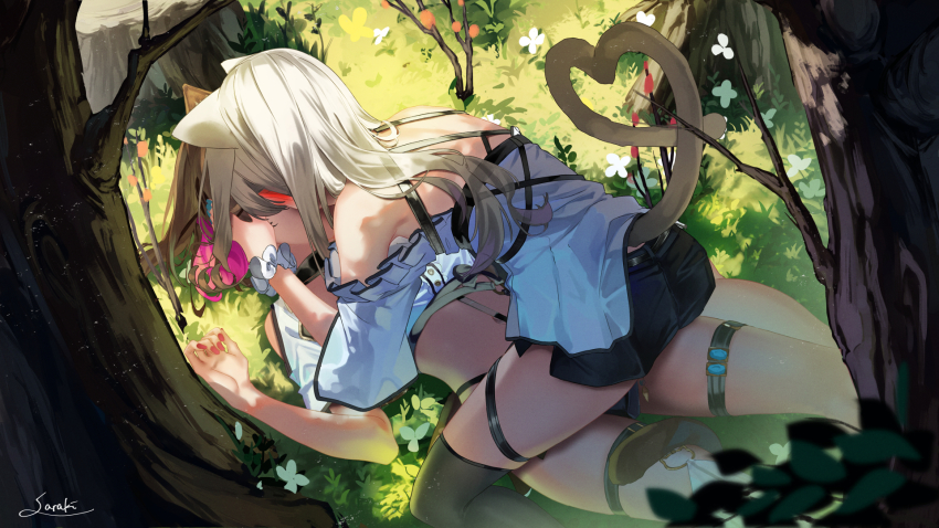 2girls animal_ears blue_shorts brown_hair cat_ears cat_girl cat_tail colored_inner_hair crop_top day flower girl_on_top grass heart heart_tail highres implied_kiss long_hair lying midriff multicolored_hair multiple_girls nail_polish off_shoulder on_back original outdoors pink_hair red_nails saraki scrunchie shirt short_hair shorts tail tree white_flower white_hair white_shirt wrist_scrunchie yuri