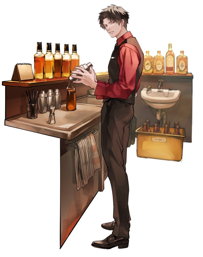 1boy alcohol bartender black_hair black_pants black_shoes black_vest bottle box cloth cocktail_shaker collared_shirt commentary counter drinking_straw earrings from_side full_body grey_eyes highres holding holding_shaker jewelry looking_at_viewer looking_to_the_side male_focus notepad original otani_(gloria) oxfords pants parted_bangs parted_lips red_shirt shirt shoes short_hair simple_background sink solo standing stud_earrings symbol-only_commentary v-shaped_eyebrows vest whiskey white_background
