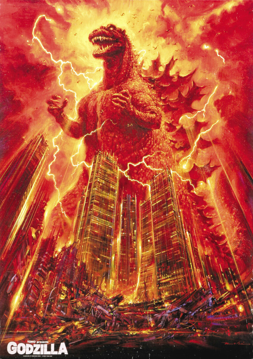 absurdres bird building city destruction dinosaur electricity energy epic fangs glowing glowing_eyes godzilla godzilla_(series) highres kaiju movie_poster no_humans no_pupils official_art ohrai_noriyoshi orange_electricity orange_eyes red_sky seagull sharp_teeth sky skyscraper spikes tail teeth the_return_of_godzilla toho