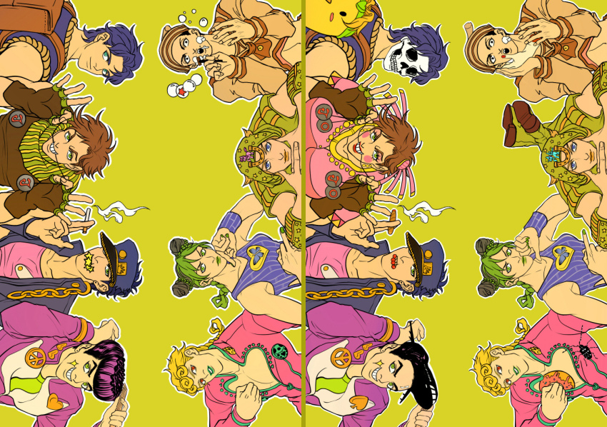 1girl 6+boys aircraft airplane before_and_after bubble cigarette crossdressing donut food giorno_giovanna higashikata_josuke higashikata_josuke_(jojolion) hirose_yasuho johnny_joestar jojo_no_kimyou_na_bouken jojolion jonathan_joestar joseph_joestar joseph_joestar_(tequila) joseph_joestar_(young) kilva_lollop kuujou_jolyne kuujou_joutarou multiple_boys skull steel_ball_run vento_aureo