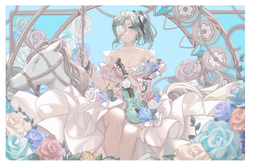1girl absurdres aqua_eyes aqua_hair arcaea bow bracelet breasts carousel dress earrings flower flower_over_eye highres holding holding_instrument holding_violin instrument jewelry long_hair plant rose saya_(arcaea) saya_(etude)_(arcaea) tsohg vines violin white_dress