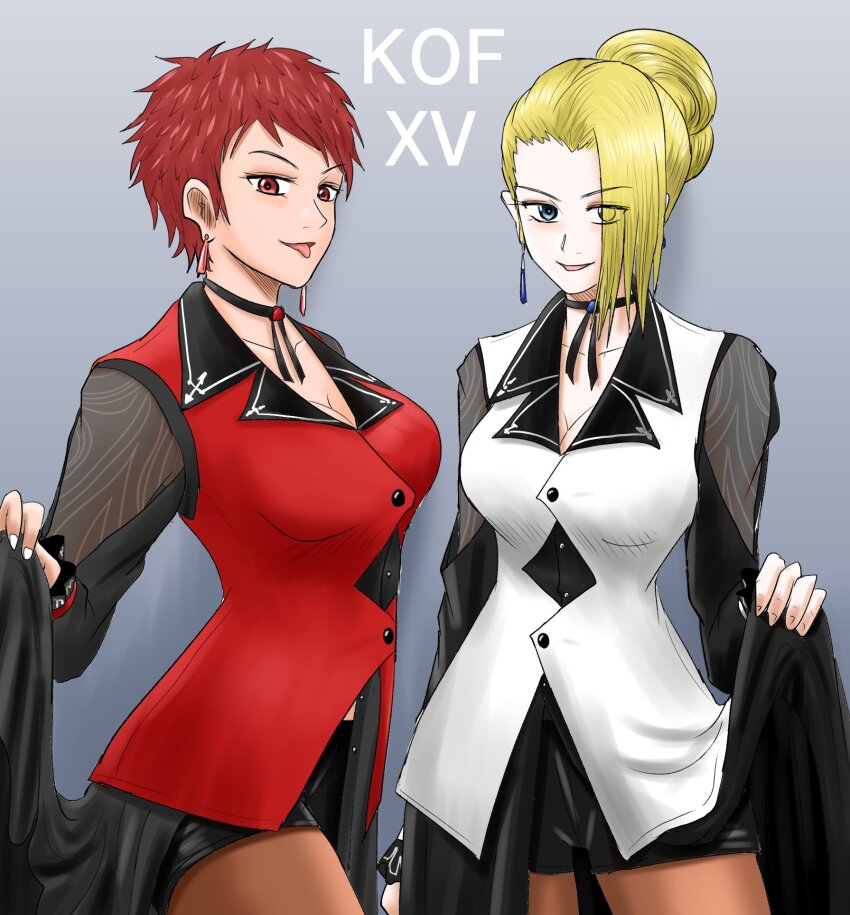 2girls blonde_hair blue_eyes breasts brown_eyes brown_hair cleavage dress earrings female_focus formal_clothes gokigenyoucyan hair_bun highres jewelry large_breasts long_hair long_sleeves looking_at_viewer mature_(kof) multiple_girls pale_skin sanhon short_hair shorts skirt smile standing suit the_king_of_fighters thighs vice_(kof)