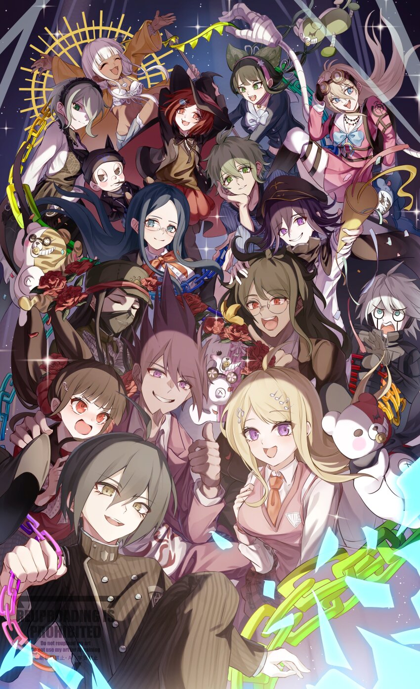 6+boys 6+girls absurdres ahoge akamatsu_kaede amami_rantaro android arms_up beanie bikini black_cape black_gloves black_hair black_hat black_jacket blonde_hair blue_eyes blue_hair bow bowtie breasts brown_eyes brown_hair brown_jacket cape chabashira_tenko chain cleavage closed_eyes commentary danganronpa_(series) danganronpa_v3:_killing_harmony dark-skinned_female dark_skin everyone eyelashes flipped_hair flower fortissimo glasses gloves goggles goggles_on_head gokuhara_gonta green_eyes green_hair grey_hair grin hair_between_eyes hair_ornament hair_over_one_eye hand_on_another&#039;s_head happy harukawa_maki hat highres holding holding_staff hoshi_ryoma iruma_miu jacket k1-b0 ka_po_su light_particles long_hair looking_at_viewer mole mole_under_mouth momota_kaito monodam monokid monophanie monosuke monotaro_(danganronpa) multiple_boys multiple_girls musical_note musical_note_hair_ornament necktie oma_kokichi open_mouth parted_lips party_popper peaked_cap pink_skirt pleated_skirt purple_eyes purple_hair red_eyes red_flower red_hair red_rose red_skirt robot robot_ears rose round_eyewear saihara_shuichi sailor_collar school_uniform shinguji_korekiyo shirogane_tsumugi short_hair skirt smile sparkle staff swimsuit thigh_strap tojo_kirumi tongue tongue_out very_long_hair watermark white_bikini white_bow white_bowtie white_hair witch_hat yonaga_angie yumeno_himiko