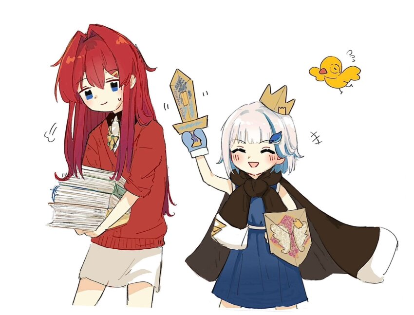 +++ 2girls ^_^ aged_down alternate_costume ange_katrina ange_katrina_(1st_costume) bird black_jacket blue_dress blue_eyes blue_gloves blue_hair blunt_bangs blush book book_stack cardigan closed_eyes closed_mouth colored_inner_hair commentary_request crown dress english_text feet_out_of_frame flying_sweatdrops gloves hair_intakes hair_ornament hand_up highres holding holding_book holding_shield holding_sword holding_weapon jacket jacket_around_neck kuang_quanshui lize_helesta long_hair long_sleeves medium_dress mini_crown monocle multicolored_hair multiple_girls nijisanji open_mouth paper_crown paper_sword puff_of_air red_cardigan red_hair sebastian_piyodore shield short_dress short_hair simple_background sleeveless sleeveless_dress sleeves_rolled_up smile streaked_hair sweatdrop sword toy_sword two-tone_hair virtual_youtuber weapon white_background white_dress white_hair yellow_bird