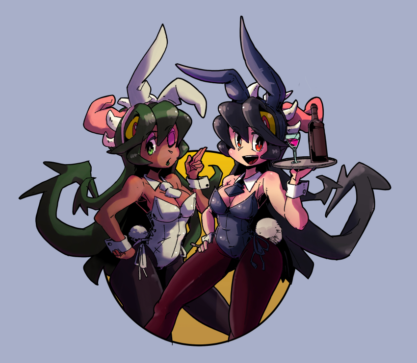 2girls blue_background bottle cropped_legs cup drinking_glass eyeshadow filia_(skullgirls) fukua_(skullgirls) green_eyes green_hair green_lips hand_on_own_hip highres leotard long_hair makeup multiple_girls neko_mata_g open_mouth playboy_bunny prehensile_hair rabbit_ears rabbit_tail red_eyes revision samson_(skullgirls) shamone_(skullgirls) skullgirls smile tray wine_glass wrist_cuffs